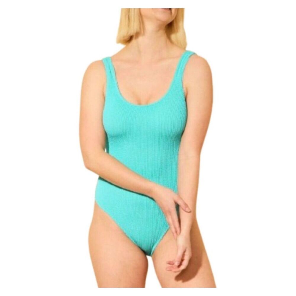 Shade & Shore NWT Blue Pucker Scoop Neck Med Coverage One Piece Swimsuit Size S